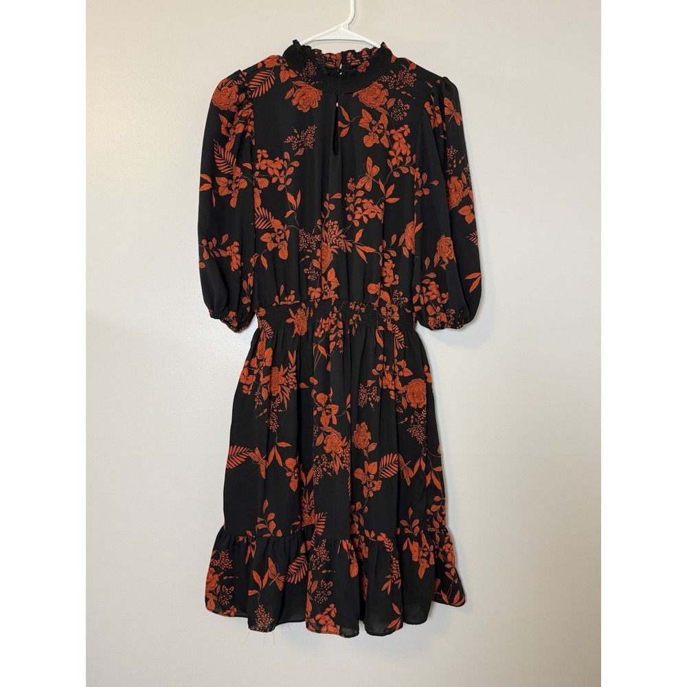 Nanette Lepore Dragonfly Floral Dress 6 Black Red Smocked Waist Keyhole Goth